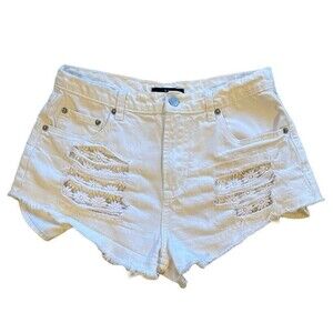 Forever 21 Women's 27 4 Distressed White Jean Shorts Holes Fringe Crochet Flower